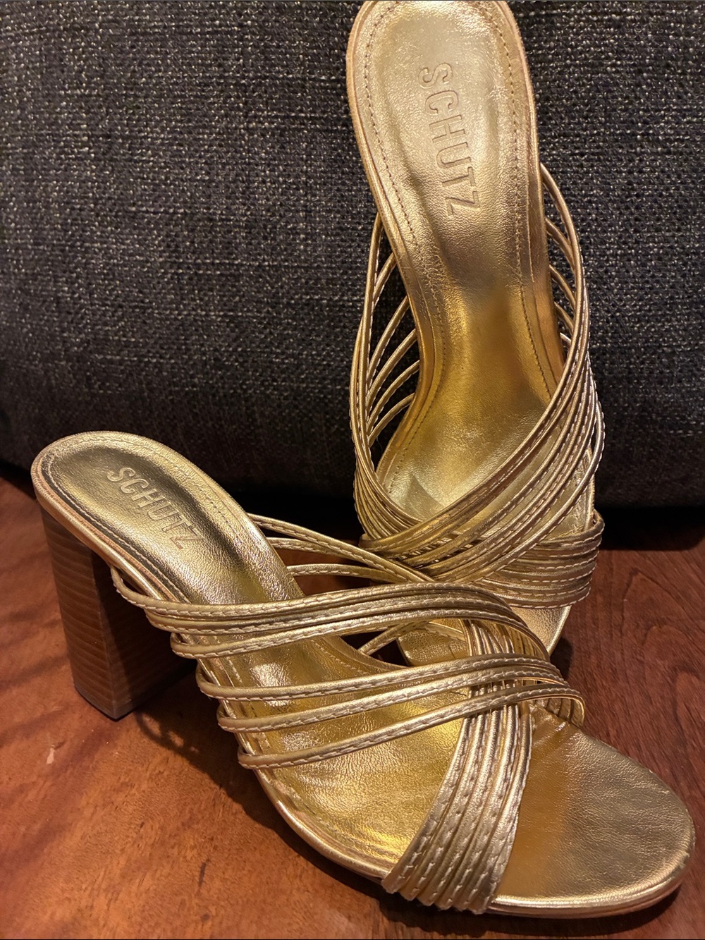 SCHUTZ Gold Strappy Block Heel Sandals